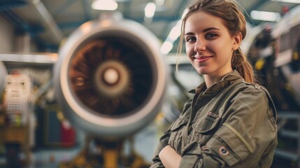 Female avionics technician intern stands smiling looking at camera in airplane repair factory