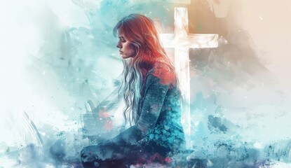 watercolor, beautiful woman kneeling in front of white cross with long hair, glowing light around her head, dreamy, soft pastel colors, solid background, clipart design for tshirt and printing