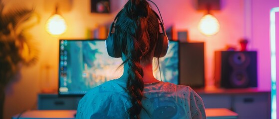 An elegant female professional gamer plays an online video game on her personal computer with a headset. Cute casual geek girl in retro style. Her room is lit by neon lamps.