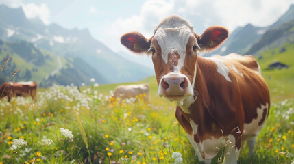 Fototapeta na wymiar Cow on Alpes meadows, close-up.