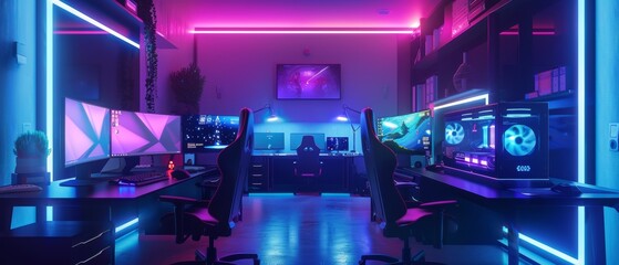Gaming room with highly powerful computer. Paused first-person shooter game playing on screen. Retro arcade style neon lights. Cyber sport tournament.