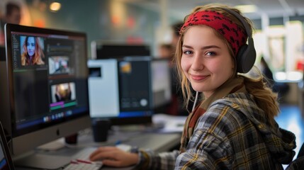 Graphic design student retouching a photo using a computer at the university and looking at the camera smiling
