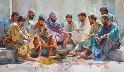 Watercolor art of Jesus washing the feet of his disciples, with soft and ethereal colors, creating a serene atmosphere with soft lighting. 
