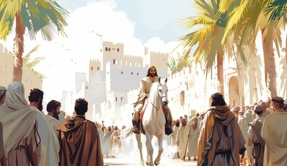 A white horse walking through the streets of ancient Jerusalem with Jesus riding on it. Many people standing around watching him as he comes towards them in celebration, wearing cloaks and robes. 