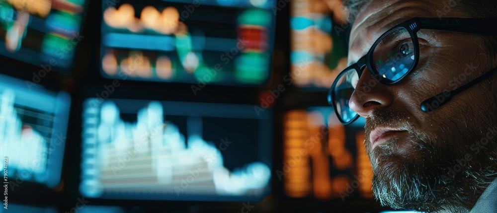 Poster a stock market top trader examines projected ticker numbers and graphs while analyzing data to make 