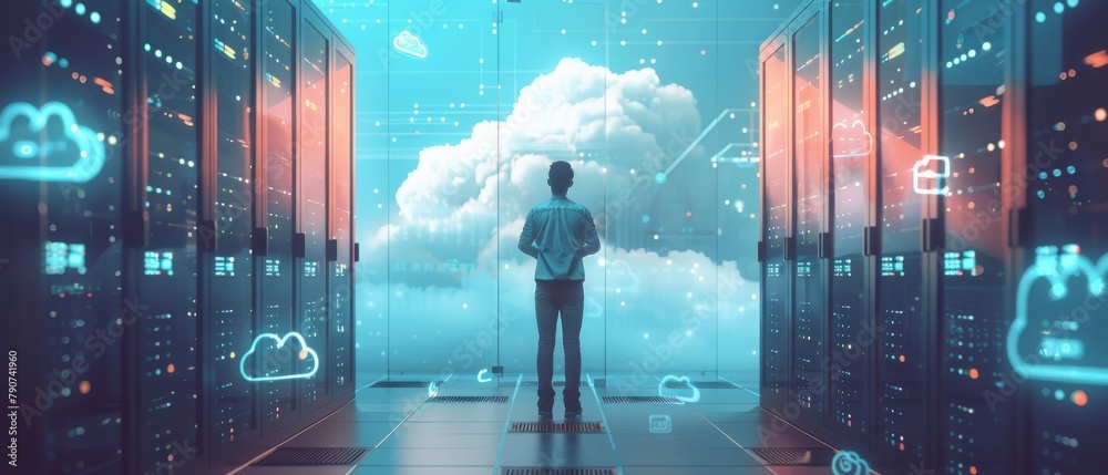 Poster icon visualization in the background of an it engineer standing in a working data center server room