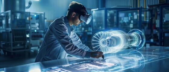 Fototapeta premium Futuristic Design of Virtual Mixed Reality Application by Factory Chief Engineer Wearing VR Headset.