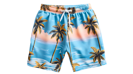 Blue man male summer bermuda shorts trousers product with tropical palm trees pattern product mockup template isolated on transparent background. Clothing garment wear for sea or beach