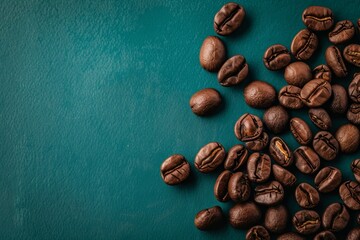 Dark green background with scattered coffee beans and pink accents for aesthetic coffee shop concept
