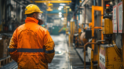 A worker in protective gear attentively overseeing the machinery at an industrial manufacturing plant.