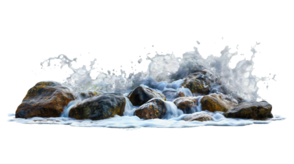 Sea or ocean water waves crashing into the rocks isolated on transparent background. Foam and splash, tropical spray crash on coast stone surface