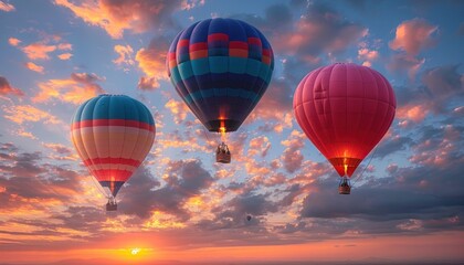 Fototapeta premium Three hot air balloons drift in the sunset sky, floating among the clouds