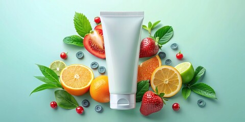 Cream tube with fruit, cosmetic product mockup, facewash, scrub tube for branding and advertising template website or project design background.