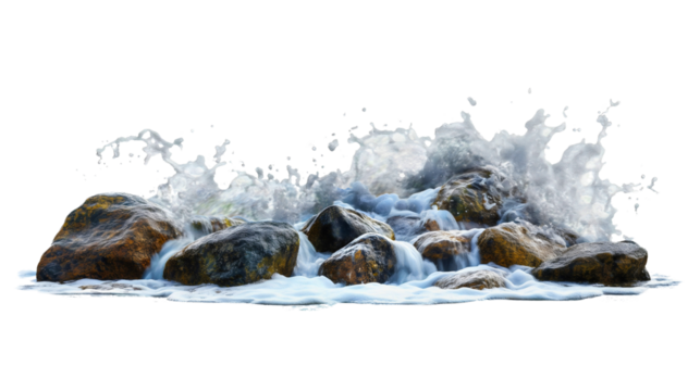 Sea or ocean water waves crashing into the rocks isolated on transparent background. Foam and splash, tropical spray crash on coast stone surface - Powered by Adobe