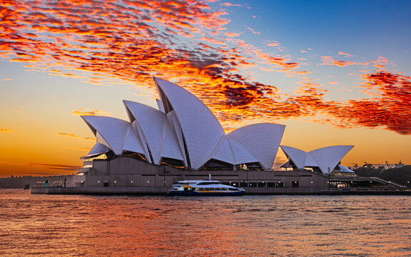 Sydney, New South Wales, Australia; February 27, 2024: Spectacular sunrise over Sydney Opera House
