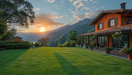 Spacious house with lawn, mountains, and blue sky in backdrop