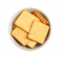 Tasty crackers in bowl isolated on white, top view