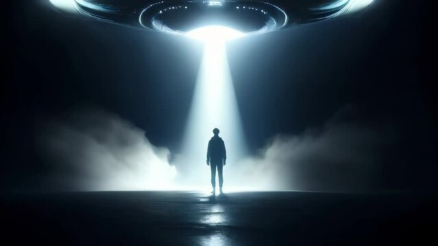 Silhouette of a Person in the Night. A Lonely Human Figure and the Enigmatic UFO. A Mysterious Encounter