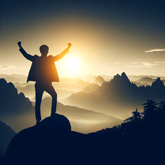 silhouette of a person on the top of mountain, success business growth, achievement, goals leadership ambition