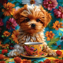 Cheerful Canine Companion Sipping Vibrant Coffee Amidst a Floral Filled Whimsical Haven - obrazy, fototapety, plakaty