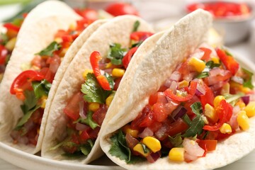 Tasty tacos with vegetables on table, closeup