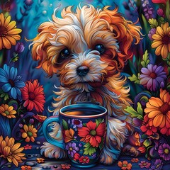 Joyful Flower Dog Savoring a Whimsical Coffee Moment in a Vibrant Creative Haven - obrazy, fototapety, plakaty