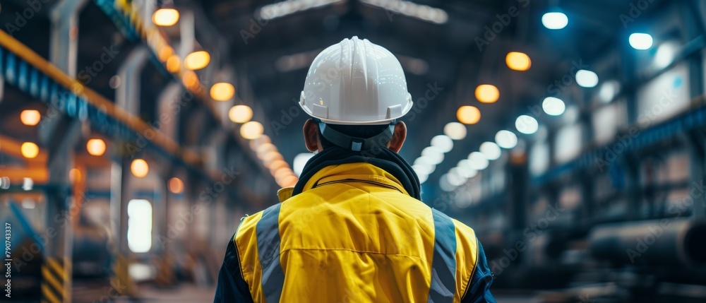 Poster Engineer in hard hat and safety jacket walks through heavy industry manufacturing factory.