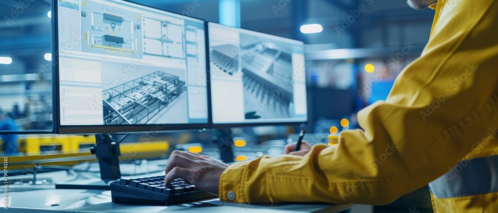 Poster a closeup shot of the industrial engineer designing a turbine/engine in 3d using the cad program on 