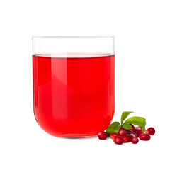Refreshing pomegranate juice in glass, leaves and seeds isolated on white