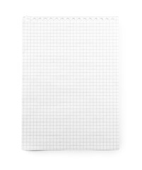 Checkered notebook sheet isolated on white, top view