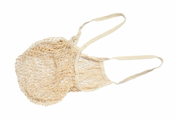 One beige string bag isolated on white, top view