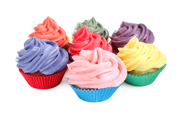 Different tasty cupcakes with cream isolated on white