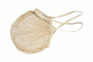 One beige string bag isolated on white, top view