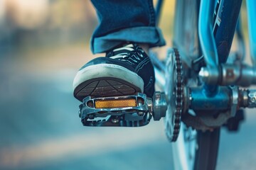 Close up of human foot pressing on bicycle pedal, concept of speed and fitness in outdoor activity