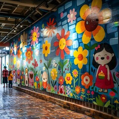 Vibrant Mural Painting of Kawaii Flower Dog Sharing Cake with Children in Inclusive Community Scene