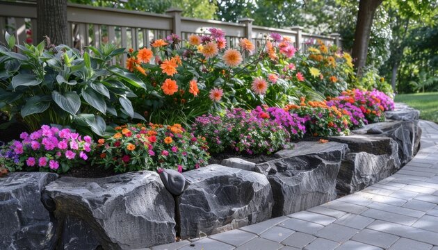 A vibrant garden with colorful flowers, plants, and shrubs