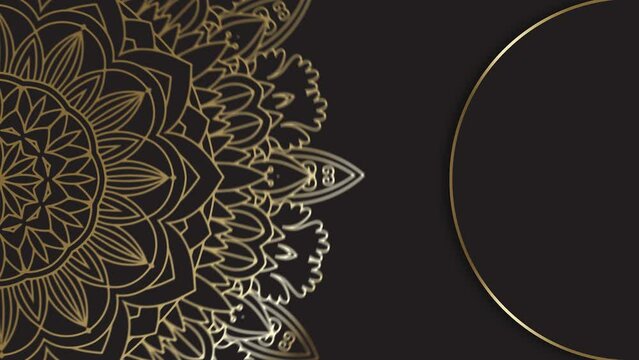 Dark brown half circle with golden mandala, 4k video, hd Mandala video animation with seamless looping, editable background video.