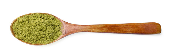 Henna powder in wooden spoon isolated on , top view