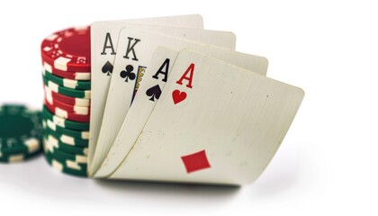 Creative arts meet in a stack of poker chips and playing cards in carmine red