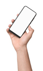Man holding smartphone with blank screen isolated on white, closeup. Mockup for design
