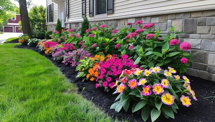 Colorful flowers line the front of the house, enhancing the landscape