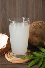 Glass of coconut water, leaf and nuts on wooden table