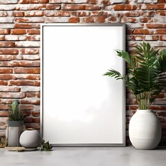 Blank picture vertical frame mockup on a stone white brick wall, boho style, modern, minimalist