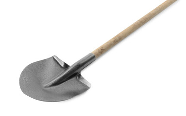 One new shovel with wooden handle isolated on white. Gardening tool