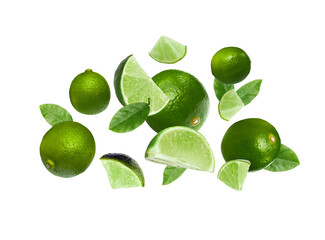 Fresh ripe limes in air on white background