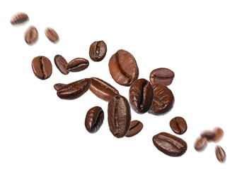 Roasted coffee beans flying on white background
