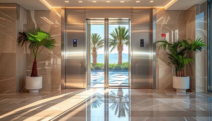 Building lobby with stainless steel elevator, palm trees in background