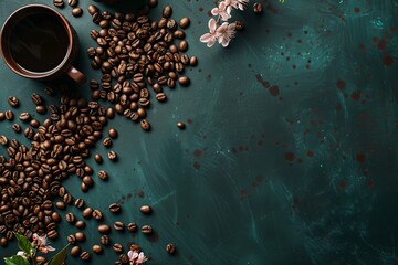 Roasted coffee beans on deep green backdrop with subtle pink accents for a vibrant visual