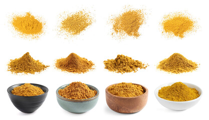 Curry isolated on white, collection. Aromatic spice