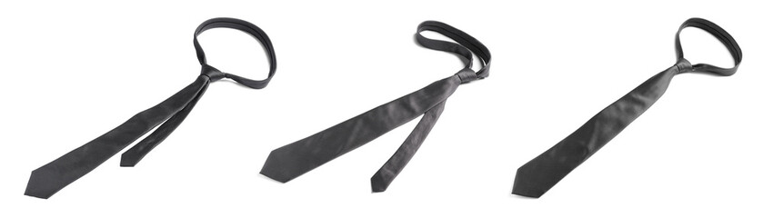 Dark tie isolated on white, collage. Stylish accessory